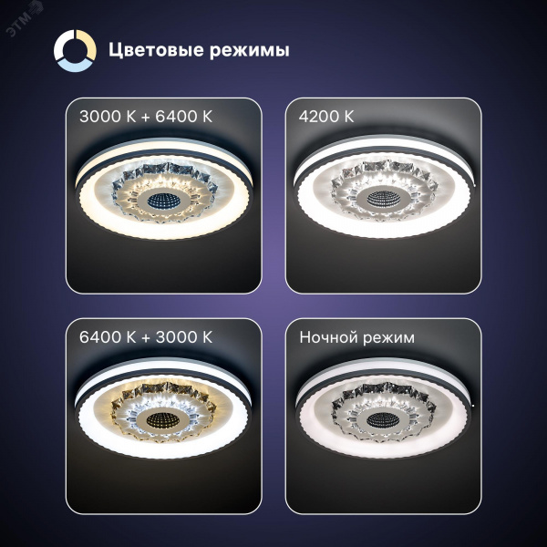 Люстра потолочная светодиодная диммируемая, CRYSTAL 3D, с ДУ, 3 режима, 480х480х60мм, 120Вт, 3000+6400K/4200K/6400+3000K, 40м, белый