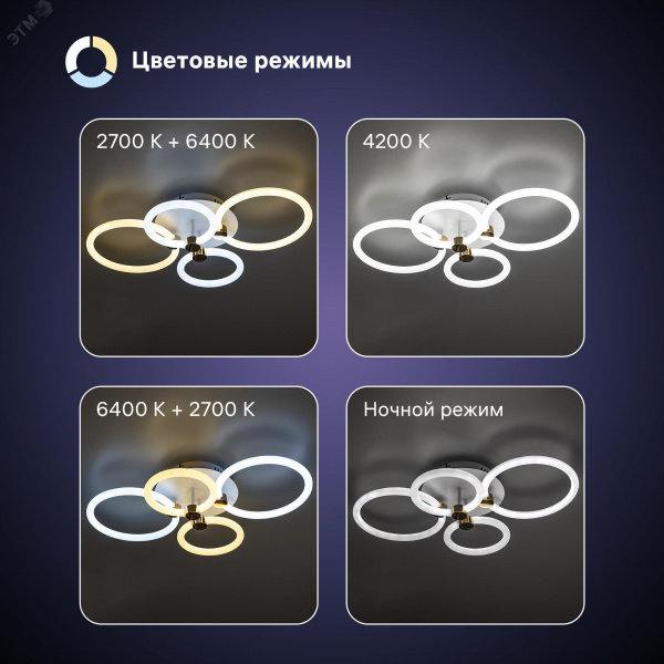 Люстра потолочная светодиодная диммируемая, OTTIMO, Алиса, с ДУ, 3 режима, 615х415х130мм, 100Вт, 2700K+6400K/4200K/6400K+2700K, 45м, белый/золото