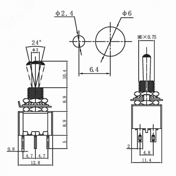 Тумблер 250V 3А (6c) ON-ON двухполюсный Micro
