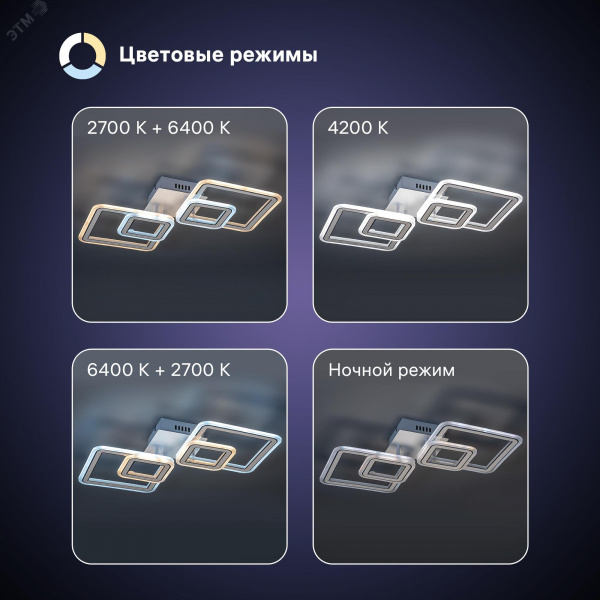 Люстра потолочная светодиодная диммируемая, SERENITA с ДУ, 3 режима, 650х320х85мм, 84 Вт, 2700+6400К/4200К/6400+2700К, 26м, белый/хром