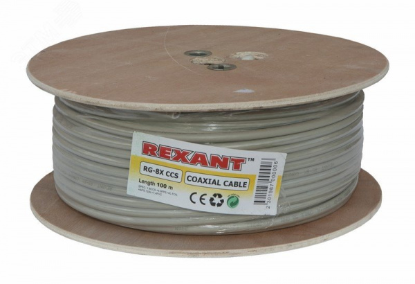 Кабель коаксиальный RG-8X, 50 Ом, CCS/Al/A, 75%, бухта 100 м, серый, REXANT
