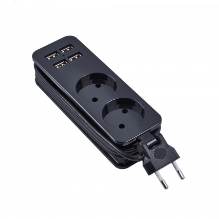 Удлинитель Travel шнур 1,5м 2 гнезда 10А без заземления 4 USB 2,1А черный ТМ S-CT2-1,5U BLACK