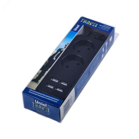 Удлинитель Travel шнур 1,5м 2 гнезда 10А без заземления 4 USB 2,1А черный ТМ S-CT2-1,5U BLACK