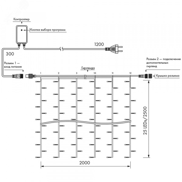Гирлянда светодиодная декоративная ARD-CURTAIN-HOME-2000x2500-CLEAR-300 LED Warm 230V, 12W ARDCL, IP20