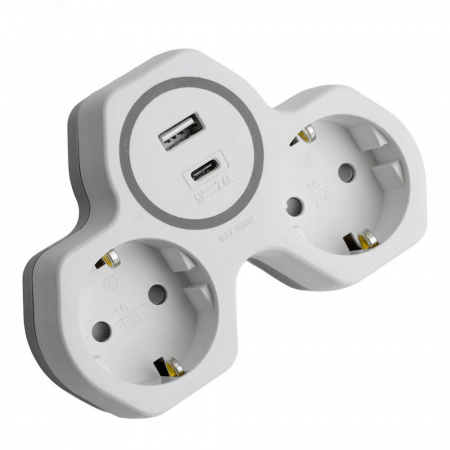 Разветвитель сетевой со шторками 2-местный USB+Type C на 2.4 А с/з 250 В 16 A белый/серый