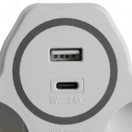 Разветвитель сетевой со шторками 2-местный USB+Type C на 2.4 А с/з 250 В 16 A белый/серый