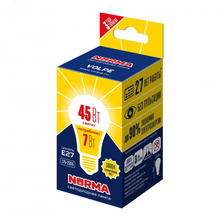 Лампа светодиодная LED-A60-7W/3000K/E27/FR/NR Форма A матовая Norma Теплый (3000K) Картон