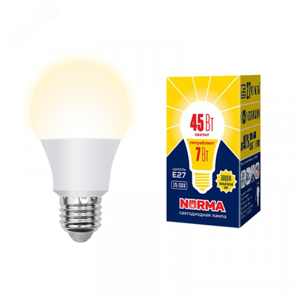 Лампа светодиодная LED-A60-7W/3000K/E27/FR/NR Форма A матовая Norma Теплый (3000K) Картон