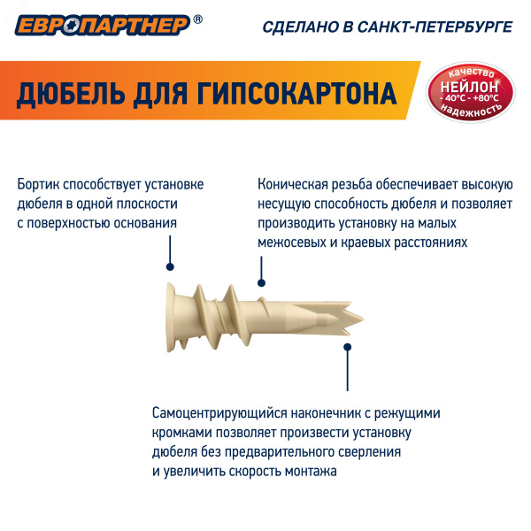 Дюбель для гипсокартона 14х39 нейлон с шурупом 4.5х35 (500 шт)