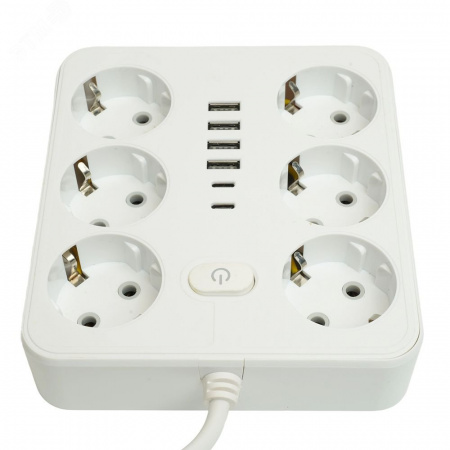 Удлинитель 6-местный c/з 3x1 мм2 3м 250В 10А 4USB+2Type-C 2.4А Home белый