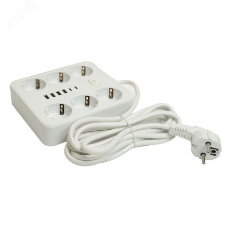 Удлинитель 6-местный c/з 3x1 мм2 3м 250В 10А 4USB+2Type-C 2.4А Home белый