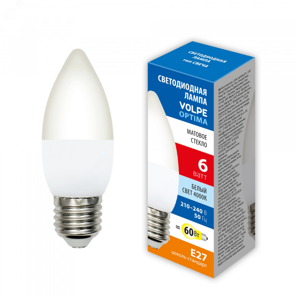 Лампа светодиодная Форма свеча матовая Белый свет 4000K LED-C37-6W/4000K/E27/FR/SLS