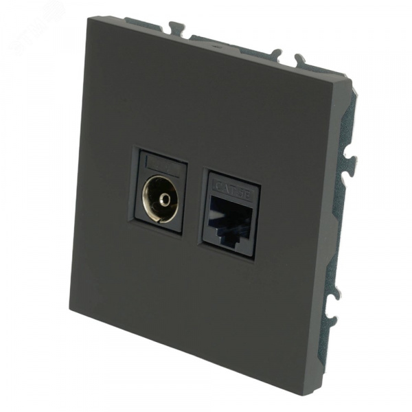 Розетка TV + компьютерная RJ-45 (механизм),, серия Эмили, черный уголь, soft touch