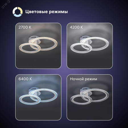 Люстра потолочная светодиодная диммируемая, RIFLESSO, с ДУ, 3 режима, 470х330х120мм, 52Вт, 2700K/4200K/6400K, 16м, белый