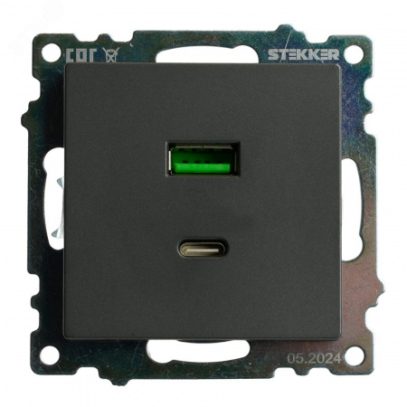 Розетка 2-местная USB+TypeC (механизм) 250В 3А max 20W серия Катрин графит STEKKER