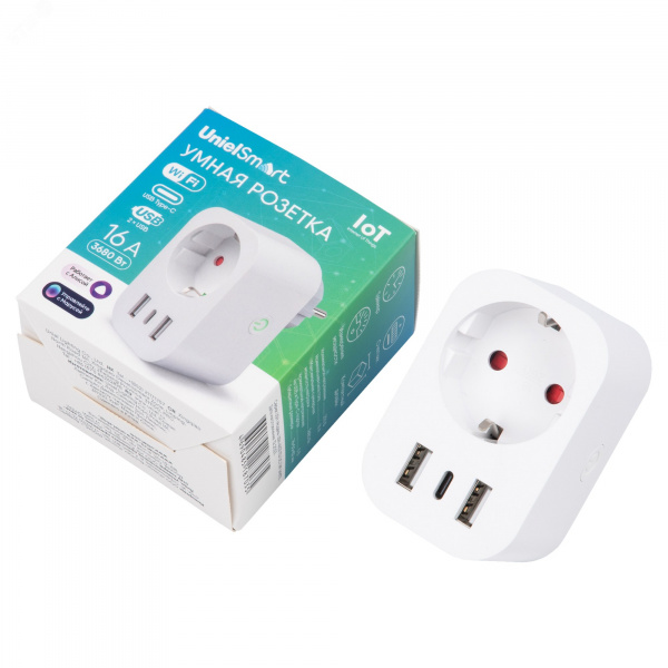 Умная розетка Wi-Fi 2USB Type-C  5В, 2,4A 16A До 3680Вт Голосовое управление приложение UnielSmart  TM Uniel USH-A103 1G/UC/WF WHITE
