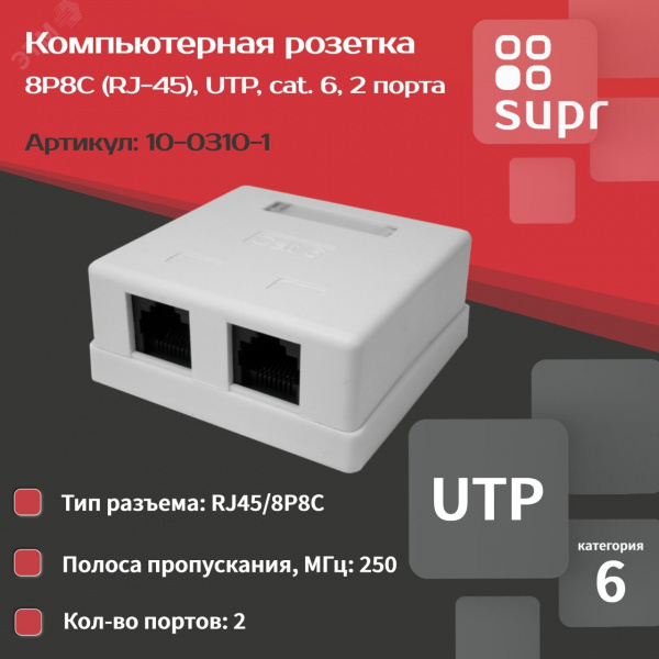 Розетка компьютерная 8P8C (RJ-45) UTP Cat6 2 порта (DIY упак.)