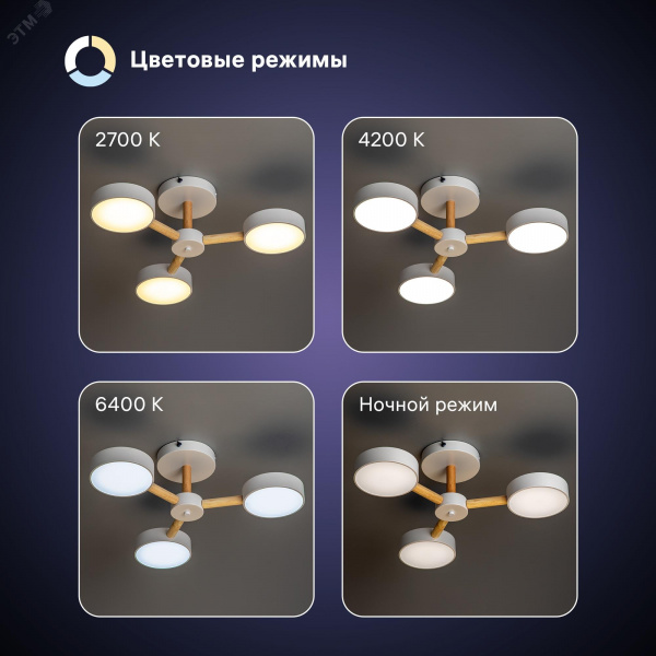 Люстра потолочная светодиодная диммируемая, SCANDIA, с ДУ, 3 режима, 520х520х170мм, 45Вт, 2700К/4200К/6400К, 17м, белый/дерево
