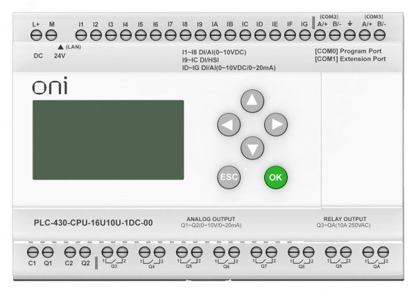 Модуль ЦПУ 4 DI 12 UI (0-10 В/DI) 8 RO 2 AO (1 шт 0-10 В и 1 шт 0-20 мА) 24В DC с Ethernet портом с экраном