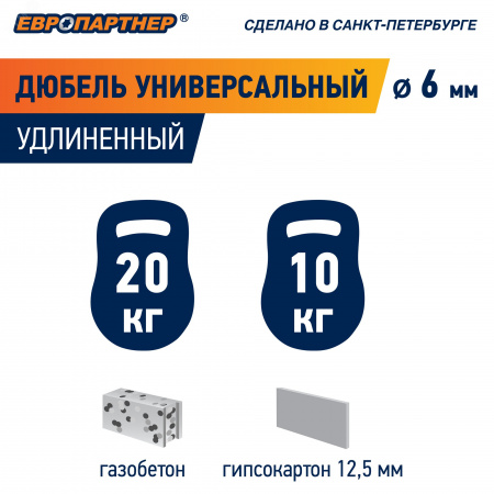Дюбель универсальный 6х50 нейлон удлиненный (250 шт)