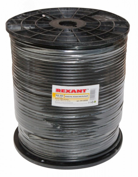 Кабель коаксиальный RG-6U+Cu, 75 Ом, Cu/Al/Cu, 64%, черный OUTDOOR 305 м