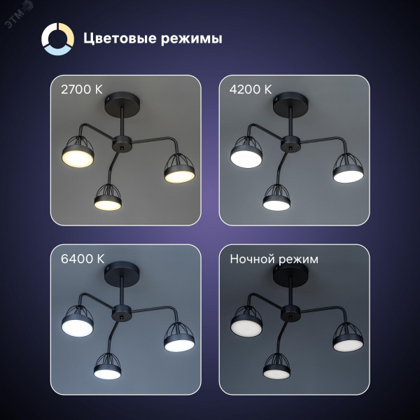 Люстра потолочная светодиодная диммируемая, MATTINO, с ДУ, 3 режима, 480х430х380мм, 48Вт, 2700К/4200К/6400К, 16м, черный