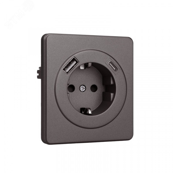 Розетка ROUND одинарная с/з скрытой установки з/ш 16А с USB A+C быстрой зарядки 5В/3А механизм титан