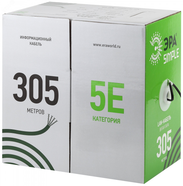 Кабель витая пара U/UTP 4x2x24 AWG Cat5e CCA PVC 305м ЭРА SIMPLE UL-4-PVC-A