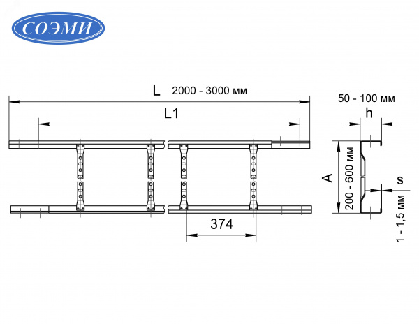Лоток лестничный 200х50х2000 s=1,2 мм оцинкованный