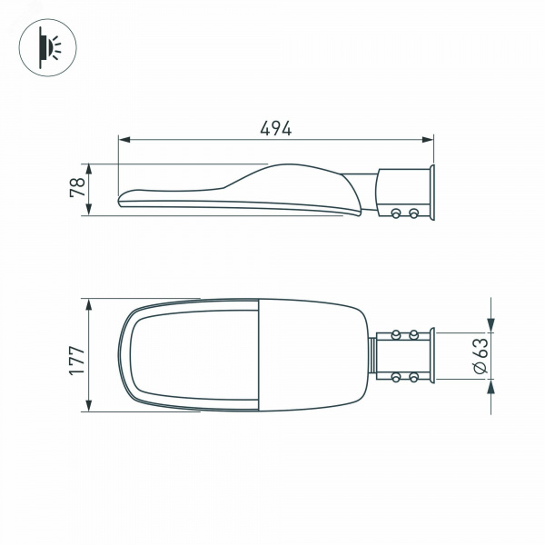 Светильник светодиодный OXOR-TURI-494х177-60W Warm3000 (GR, 144x75 deg, 230 В) IP66 (ARL)
