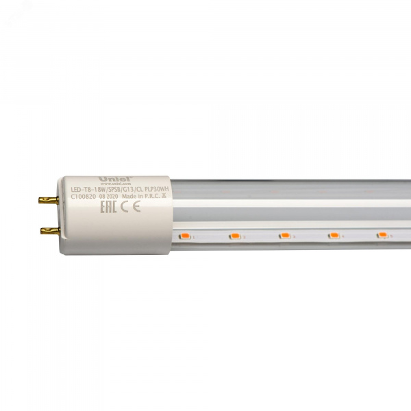 Лампа светодиодная для растений. LED-T8-18W/SPSB/G13/CL PLP30WH Форма T8, прозрачная. Спектр для рассады и цветения. ТМ .