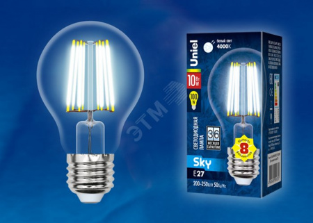 Лампа светодиодная LED 10вт 200-250В форма А прозрачное 920Лм E27 4000К Sky филамент
