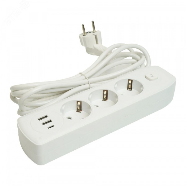 Удлинитель 3-местный c/з 3x1 мм2 3 м 250В 10А 2USB+1Type-C 2.4А Home белый