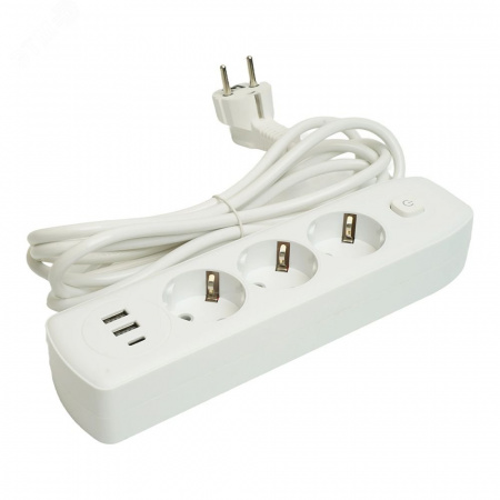 Удлинитель 3-местный c/з 3x1 мм2 3 м 250В 10А 2USB+1Type-C 2.4А Home белый