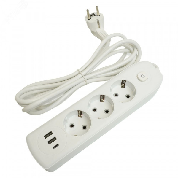 Удлинитель 3-местный c/з 3x1 мм2 3 м 250В 10А 2USB+1Type-C 2.4А Home белый