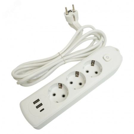 Удлинитель 3-местный c/з 3x1 мм2 3 м 250В 10А 2USB+1Type-C 2.4А Home белый