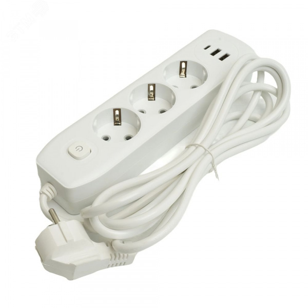 Удлинитель 3-местный c/з 3x1 мм2 3 м 250В 10А 2USB+1Type-C 2.4А Home белый