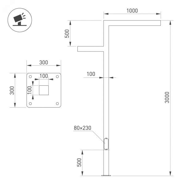 Опора освещения со светильником светодиодным OXOR-STER-Z-1600x100x100-L3000-100W Warm3000 BK, 230V IP65 ARL, сталь