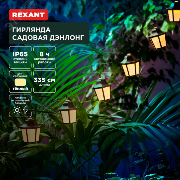 Гирлянда садовая Дэнлонг, 3000К, встроенный аккумулятор, солнечная панель, коллекция Пекин