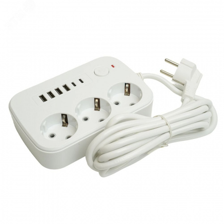 Удлинитель 3-местный c/з 3x1 мм2 3 м 250В 10А 4USB+2Type-C 2.4А Home белый
