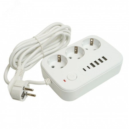 Удлинитель 3-местный c/з 3x1 мм2 3 м 250В 10А 4USB+2Type-C 2.4А Home белый