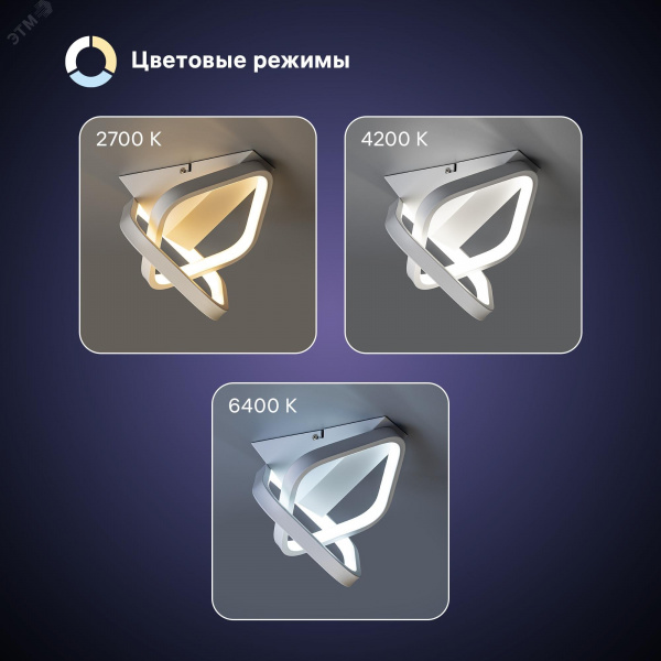 Люстра потолочная светодиодная, FALENA, 3 режима, 220x200x225мм, 30Вт, 2700K/4200K/6400K, 8м кв, белый