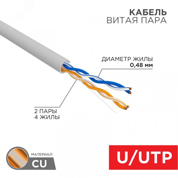 Витая пара U/UTP CAT5e 2PR 24AWG PVC IN, серый, 305 м