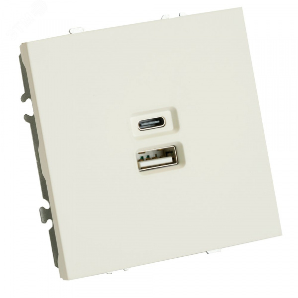 Розетка 2-местная USB + Type C (механизм), 250В, 20W, серия Эмили, белый фарфор, soft touch