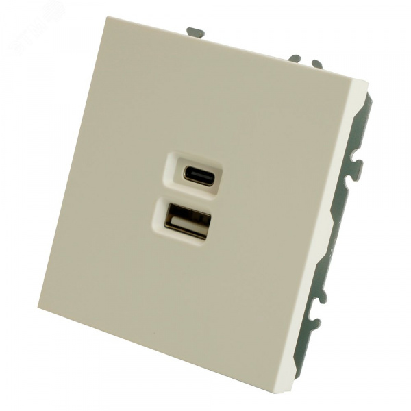 Розетка 2-местная USB + Type C (механизм), 250В, 20W, серия Эмили, белый фарфор, soft touch