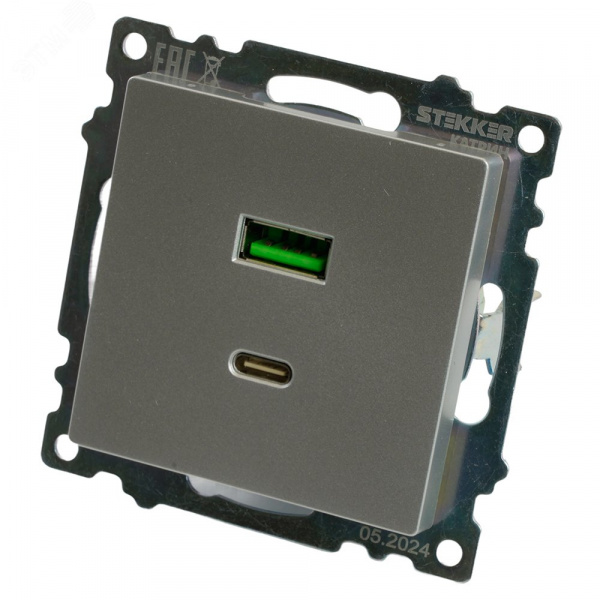 Розетка 2-местная USB+TypeC (механизм) 250В 3А max 20W серия Катрин серебро STEKKER