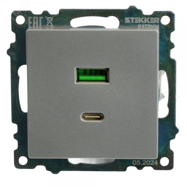 Розетка 2-местная USB+TypeC (механизм) 250В 3А max 20W серия Катрин серебро STEKKER