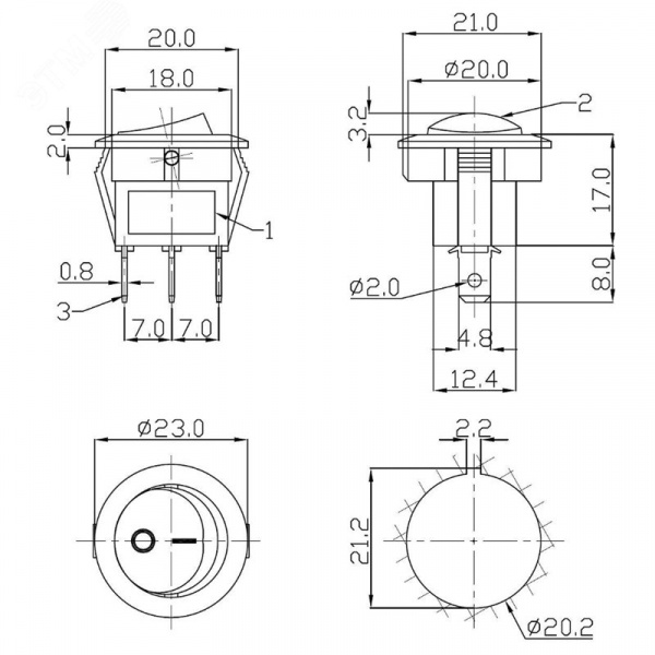 Выключатель клавишный круглый 12V 20A (3c) ON-OFF красный с подсветкой