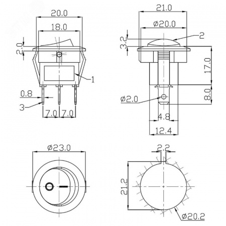 Выключатель клавишный круглый 12V 20A (3c) ON-OFF красный с подсветкой