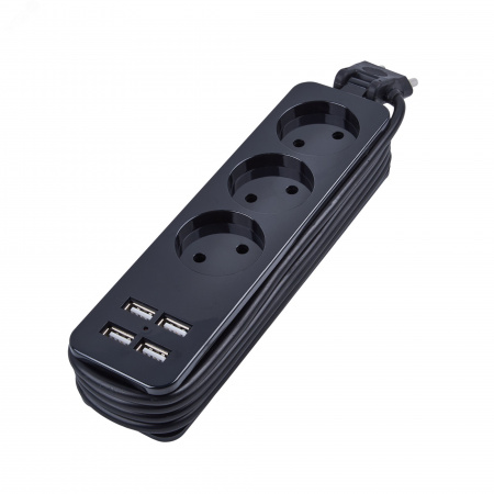 Удлинитель серии Travel шнур 1,8м 3 гнездa 10A без зазамления 4USB 3,1A черный ТМ S-CT3-1,8U BLACK